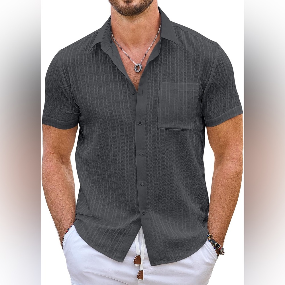 Men's Short Sleeve Button-Up Shirt - Charcoal Pinstripe